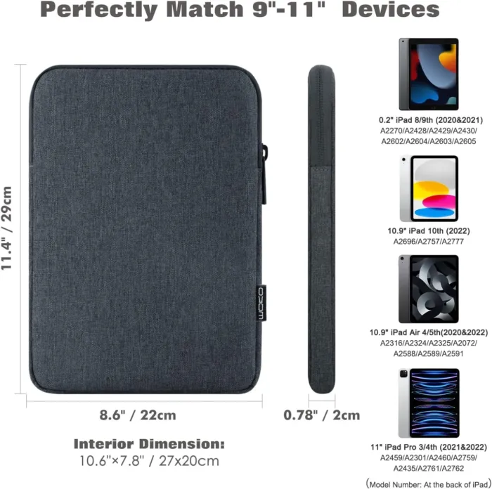 MoKo 9-11 Inch Tablet Sleeve Bag Carrying Case Fits New 11inch iPad Air M3, iPad A16 2025, iPad Pro 11 M4, Air 5/4/3, iPad 10/9/8th Gen, Tab S8/S9 11", Space Gray - Image 3