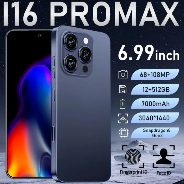 I16 PROMAX Unlocked Phone, 6.99inch Cell Phone with Android 13 12GB+512GB 7000mAh Long Battery Life, HD Screen Smartphone with Dual SIM, Fingerprint Lock, Face ID, Photos 5G Phone (Deep Blue) - Image 3