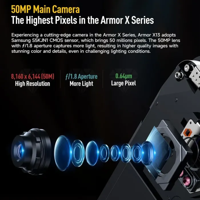 Ulefone Armor X13 12GB+64GB Rugged Smartphone Unlocked, MTK Helio G36 Android 14 Cell Phone, 50MP+24MP Night Vision Camera, 6.52" HD+, 6300mAh, Dual SIM 4G Rugged Phone, NFC/OTG/GPS/FM, Orange - Image 6