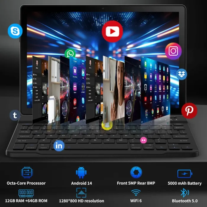 Android Tablet, 10.1 Inch Android 14 Tablet with 1280x800 IPS HD Touch Screen, Dual Camera, 64GB Storage 1TB Expansion, 8 in 1 Tablets Kit with Keyboard, Protective Case, Mouse, Stylus, BT 5.0, WiFi 6 - Image 5