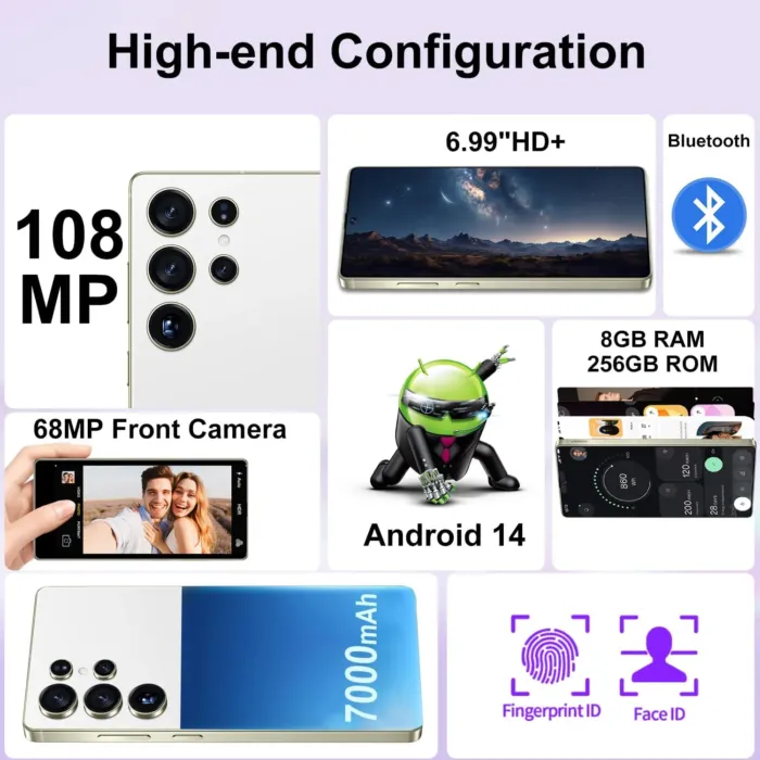 I25 Ultra Unlocked Phone,Built in Pen The Phone,Battery 7000mAh 12+512GB 6.99" HD Screen Android 14 Smartphone,Face ID/5G/Fingerprint Lock/Dual SIM/GPS (White) - Image 3