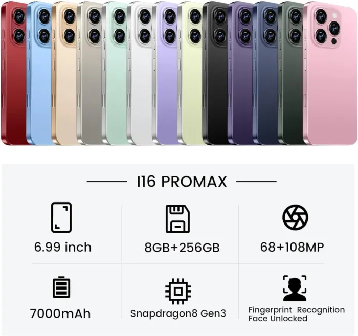 Huness I16 ProMAX Smartphone Unlocked Cell Phone,6.99" HD Screen Unlocked Phone,8+256GB Android 13 with 128GB Memory Card,Face ID/Dual SIM/5G/Fingerprint Button Unlock/Photos/GPS (Dreep Green, 8+256) - Image 3