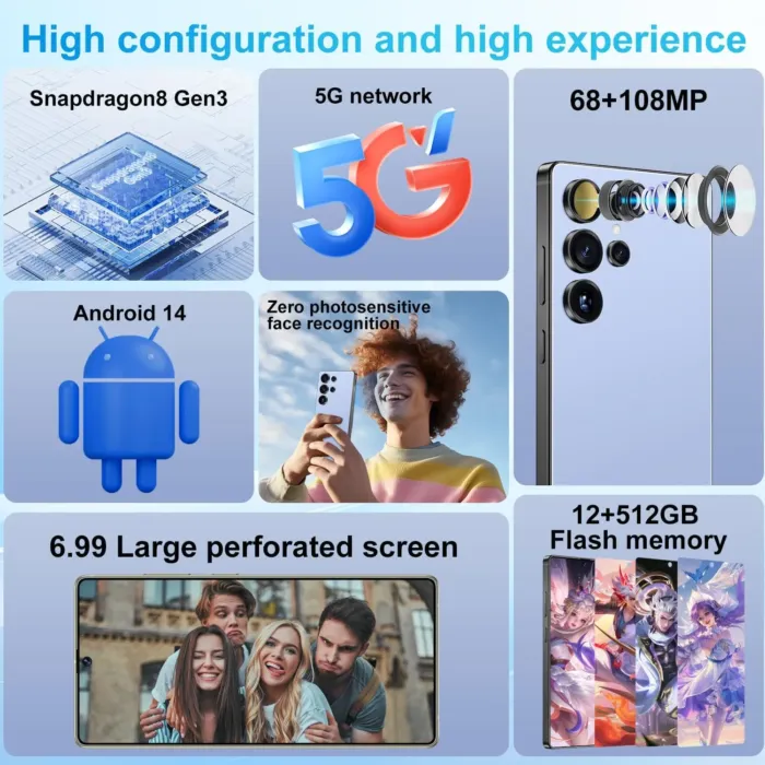 Huness I25 Ultra Unlocked Cell Phone,Built in Pen,12+512GB Unlocked Phone, Android 14 Battery 7000mAh 6.99" HD Screen Smartphone, 5G/Face ID/Fingerprint Lock/Dual SIM/GPS (Blue) - Image 3