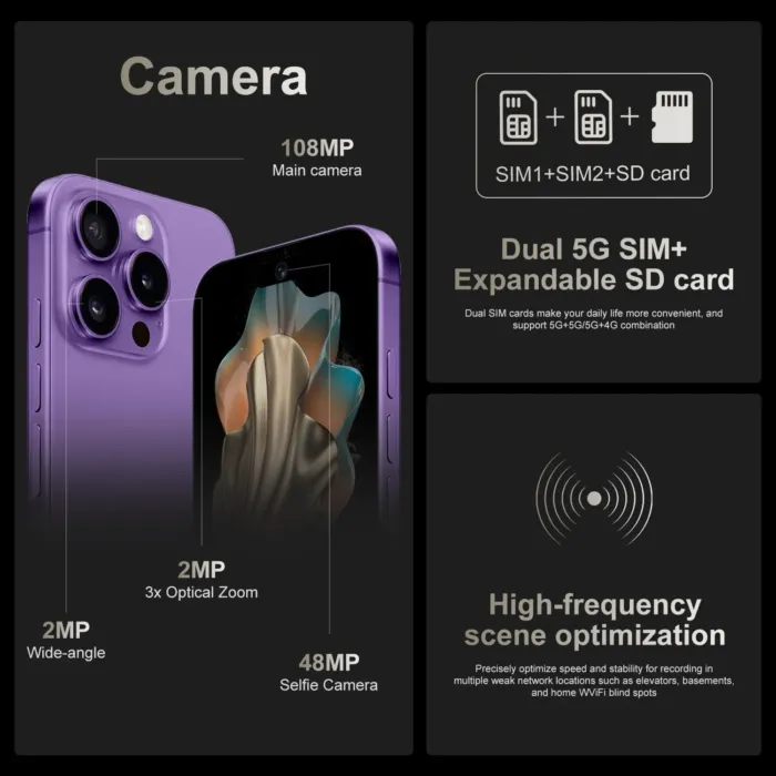 A15 Promax, 5G Net Unlocked Cell Phone, 8+512GB Android Phones, Android 14.0, 120Hz,108MP Camera, 5G Dual SIM Smartphone, 6800 mAh Battey Android Phone, Unlocked for All Carriers (Purple) - Image 6