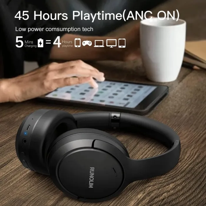 RUNOLIM Hybrid Active Noise Cancelling Over Ear Bluetooth Headphones with Microphone, 70H Playtime, Foldable Headphones with HiFi Audio, Deep Bass for Home, Travel, Office - Image 4