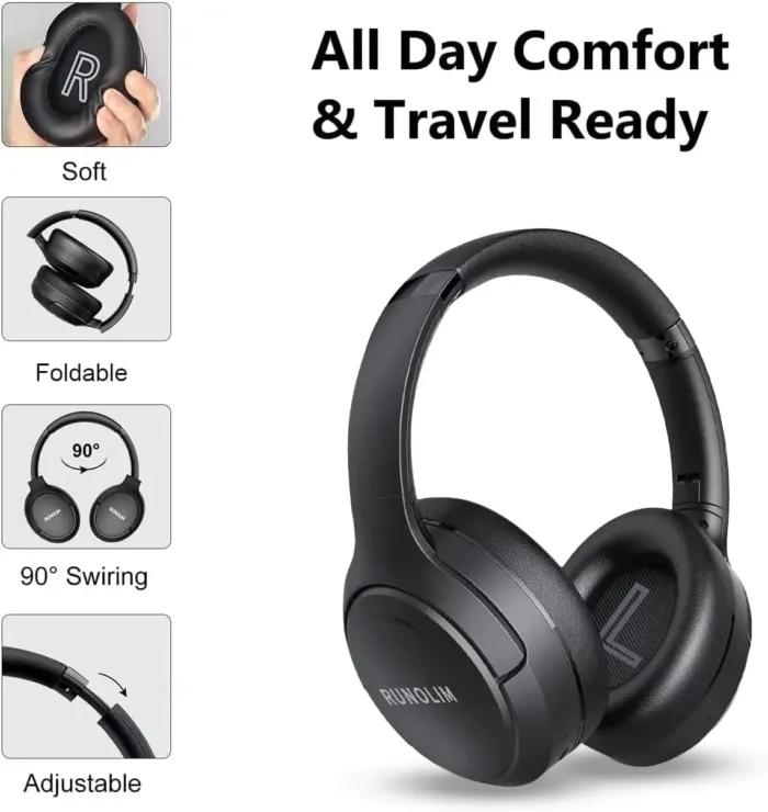 RUNOLIM Hybrid Active Noise Cancelling Over Ear Bluetooth Headphones with Microphone, 70H Playtime, Foldable Headphones with HiFi Audio, Deep Bass for Home, Travel, Office - Image 5
