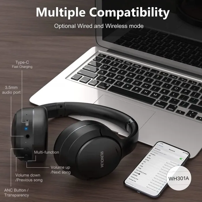 RUNOLIM Hybrid Active Noise Cancelling Over Ear Bluetooth Headphones with Microphone, 70H Playtime, Foldable Headphones with HiFi Audio, Deep Bass for Home, Travel, Office - Image 9