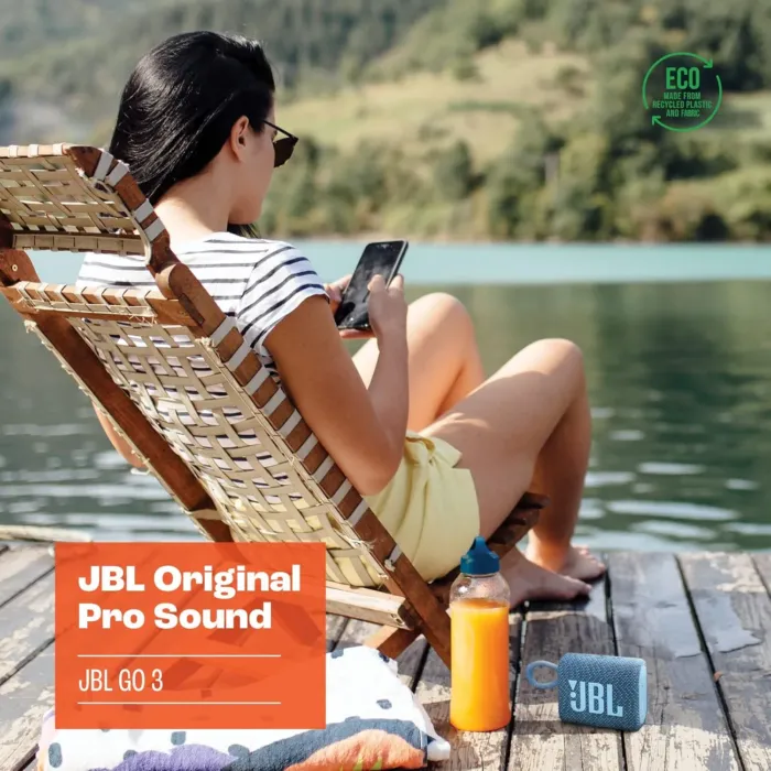 JBL Go 3 Eco - Portable Mini Bluetooth Speaker, big audio and punchy bass, IP67 waterproof and dustproof, 5 hours of playtime, Made in part with recycled materials (Eco Blue) - Image 3