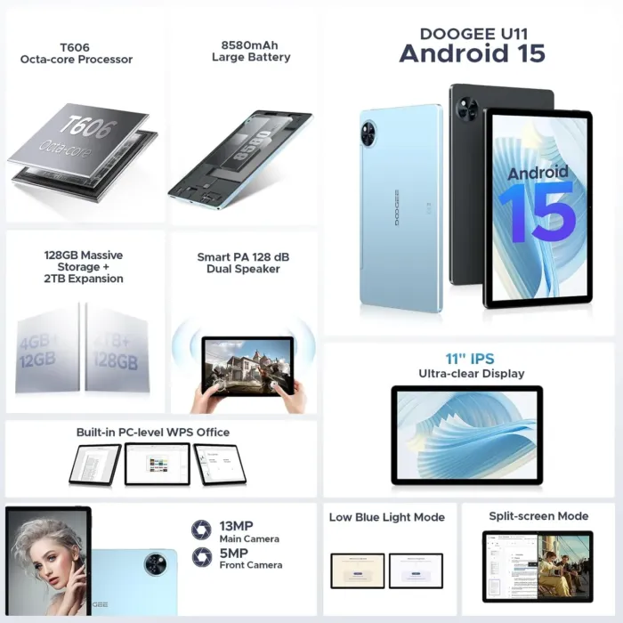 DOOGEE Android 15 Tablet, 11 inch Android Tablet 16GB+128GB/2TB TF Octa-Core,90Hz Display, 8580mAh, Netflix 1080P,Bluetooth 5.0+5G WiFi, 13MP+5MP, Face ID,Metal Body-Black - Image 3