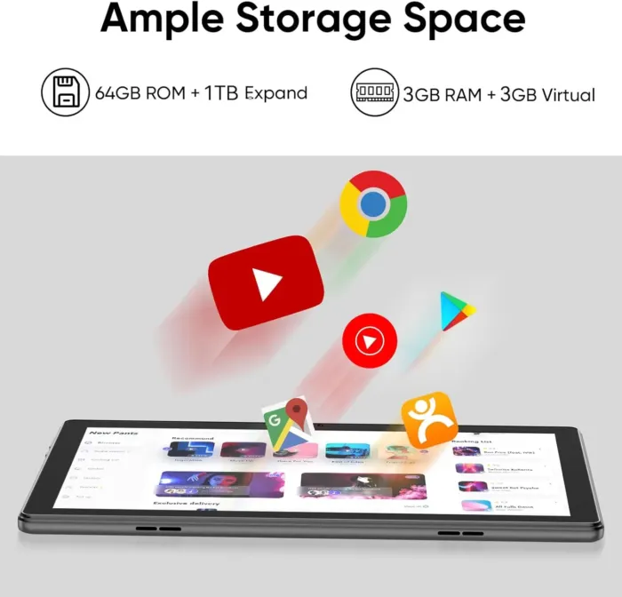 Tablet 10 inch Android 14 Tablets, 6GB RAM 64GB ROM 1TB Expand, Quad-Core Processor, 1280x800 LCD Touch Screen, WiFi 5, Dual Camera, BT5.0, 6000mAh Battery (Black) - Image 6