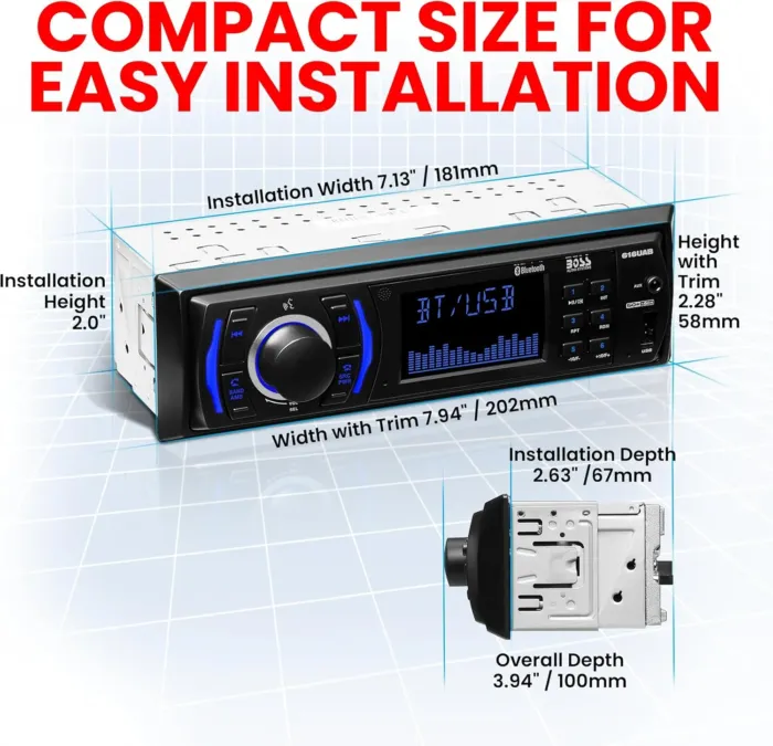 BOSS Audio Systems 616UAB Car Stereo With Bluetooth - Single DIN, MP3, USB, Aux-in, AM/FM, No CD DVD Player - Image 3
