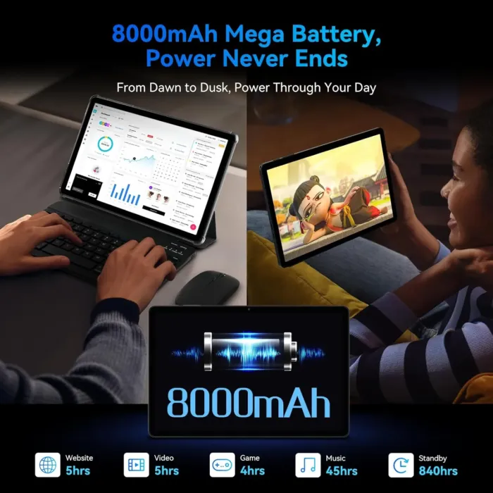 Tablet 11 Inch Android 15 Tablets T90, 1920 * 1200 FHD Display, 24GB RAM 128GB ROM /2TB TF, T615 Octa-Core+13MP Camera, 8000mAh, Widevine L1, 2 in 1 Tablet with Keyboard Mouse Stylus, Gray - Image 7