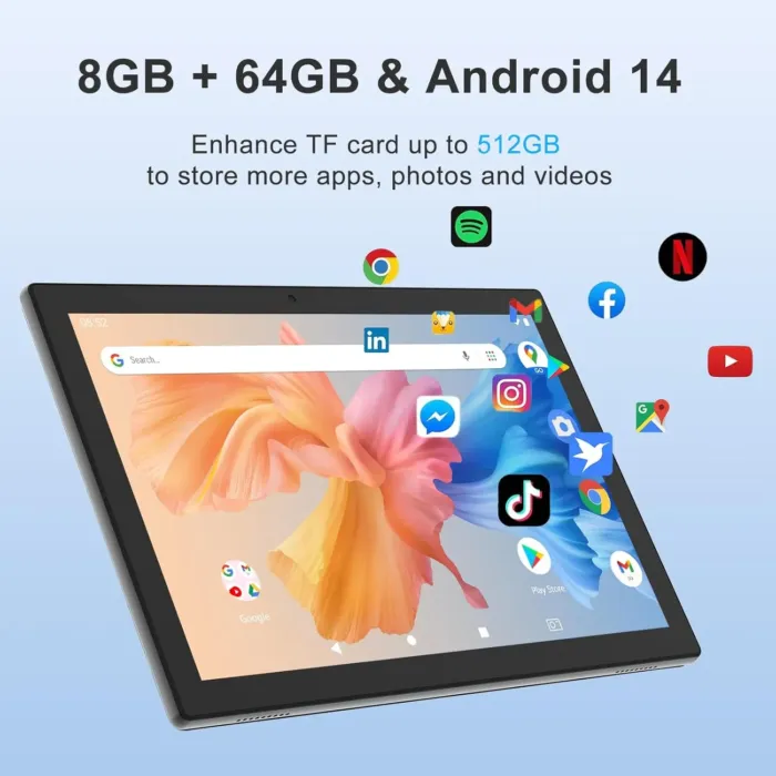 Tablet Android 14, Tablets 10 inch 8GB RAM+ 64GB ROM+ 1TB Expandable Tablet PC, 1280 * 800 IPS Screen, Dual Camera, Powerful Processor, 6000mAh Battery, Bluetooth,WiFi, Google Certified - Image 3