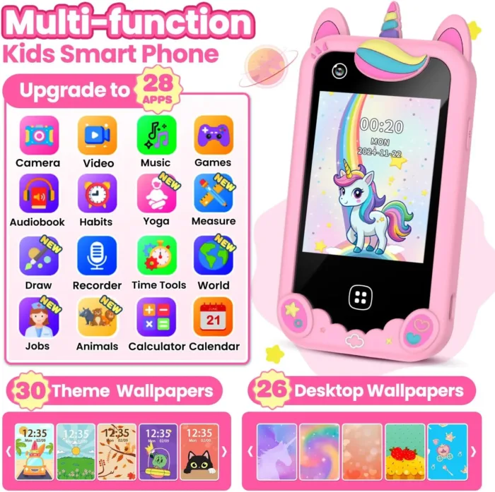 Kids Smart Phone for Girls Ages 3-8, Toy Cell Phone for Kids, Christmas Birthday Gifts for Girls, Toddler Learning Toy Phone with Touchscreen, Dual Camera, Game, Music, Story, 8GB SD Card(Pink)
