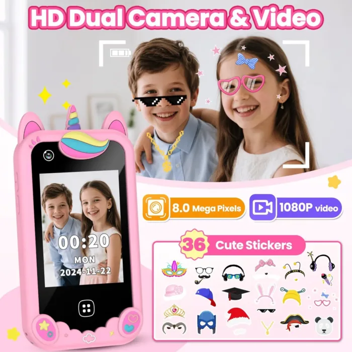 Kids Smart Phone for Girls Ages 3-8, Toy Cell Phone for Kids, Christmas Birthday Gifts for Girls, Toddler Learning Toy Phone with Touchscreen, Dual Camera, Game, Music, Story, 8GB SD Card(Pink)