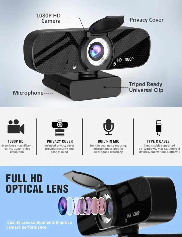 Full HD 1080P Video Webcam and Wide Angle Camera with Built-in Microphone and Rotatable Tripod,for Laptop Computer or Desktop PC,Great for Live Streaming.Calls.Video Conferencing(Black)-2 - Image 5