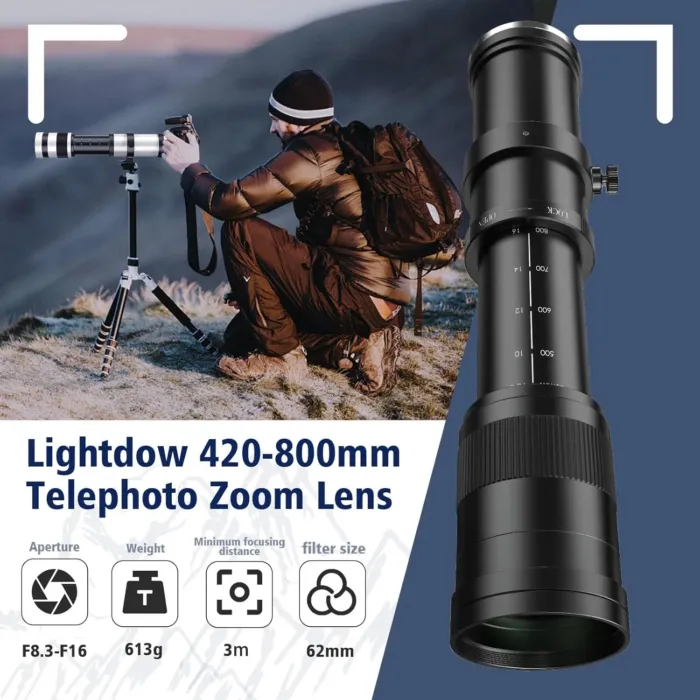 Lightdow EF 420-800mm F8.3 Telephoto Zoom Lens - Manual Focus DSLR Cameras Lens for Canon EOS Rebel T Series T8i/T7i/T7/T6/T3i/T2i/4000D/850D/SL3/SL2/6D Mark II/5D Mark IV/90D/80D/77D(Black) - Image 5