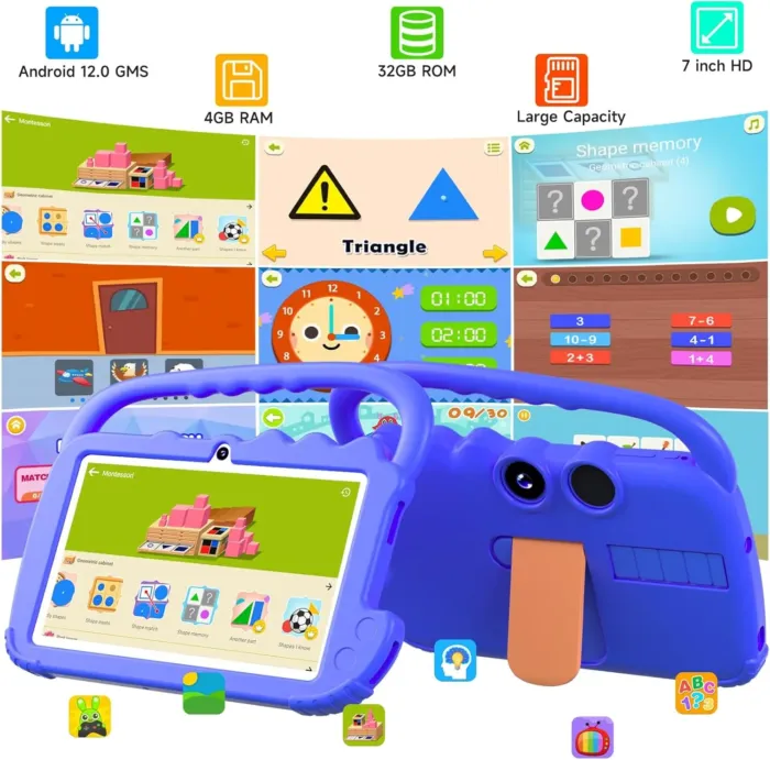 Kids Tablet, 7inch 4 GB RAM | Android 12 | 32GB ROM | Bluetooth, IPS Screen, Parental Control, Dual Camera, Shockproof Case | Educational, Games, Blue Case - Image 3