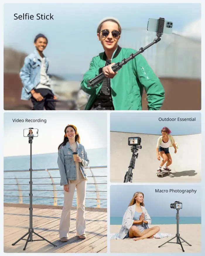 SENSYNE 62" Phone Tripod & Selfie Stick, Extendable Cell Phone Tripod Stand with Wireless Remote and Phone Holder, Compatible with iPhone Android Phone, Camera - Image 5