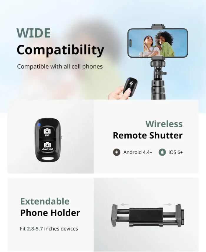 SENSYNE 62" Phone Tripod & Selfie Stick, Extendable Cell Phone Tripod Stand with Wireless Remote and Phone Holder, Compatible with iPhone Android Phone, Camera - Image 7