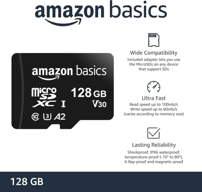 Amazon Basics Micro SDXC Memory Card with Full Size Adapter, A2, U3, Read Speed up to 100 MB/s, 128 GB, Black - Image 3