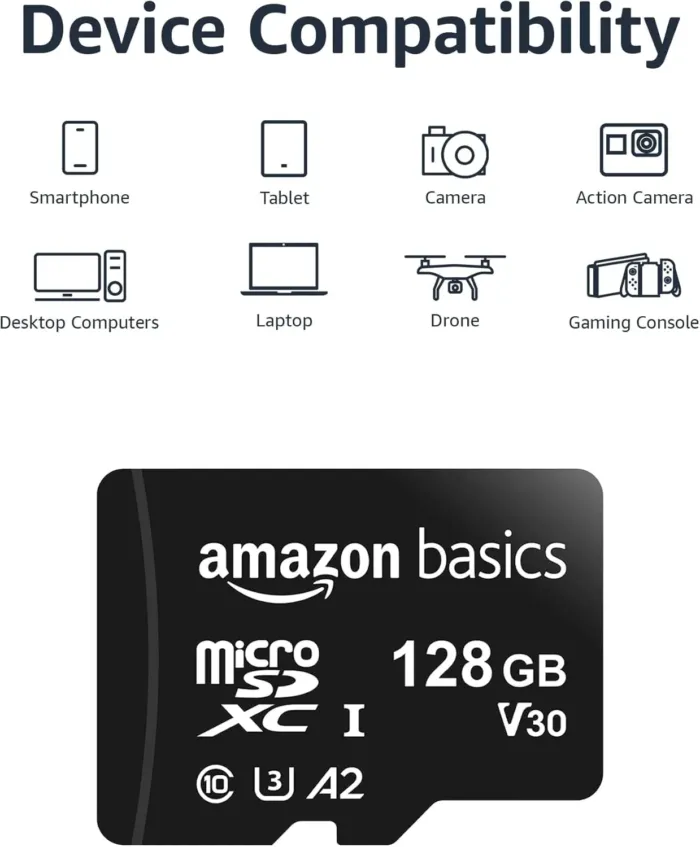 Amazon Basics Micro SDXC Memory Card with Full Size Adapter, A2, U3, Read Speed up to 100 MB/s, 128 GB, Black - Image 4