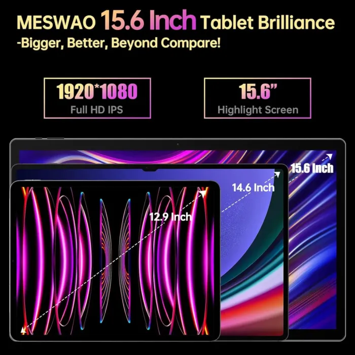 MESWAO 15.6 Inch Tablet 2025 Android 14 Large Tablets Upgraded FHD IPS Display, Helio G99 Octa-Core CPU, 6GB RAM+128GB+1TB Expandable, Wi-Fi 5, 12000mAh All-Day Battery Life, 5MP+32MP Dual Camera - Image 3