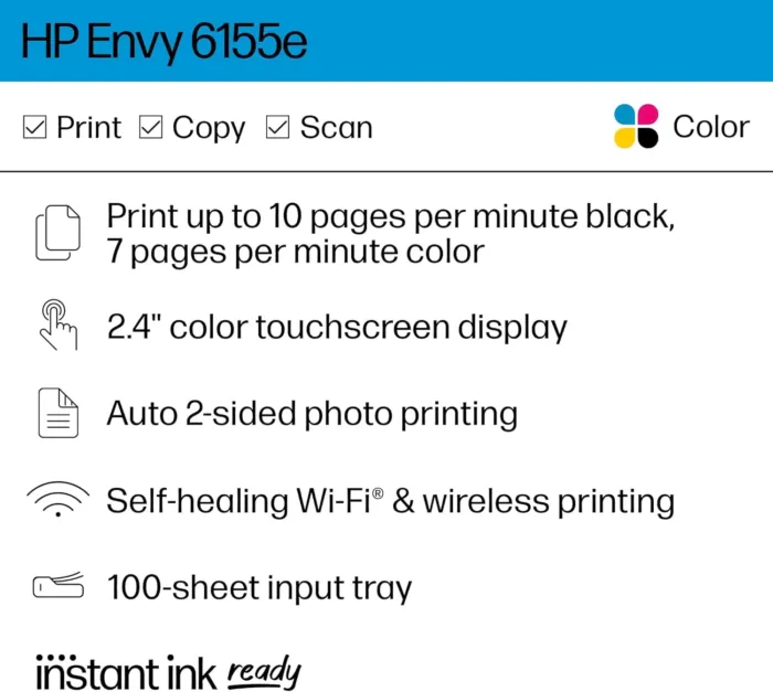 HP Envy 6155e Wireless All-in-One Color Inkjet Printer, Print, scan, Copy, Duplex Printing Best-for-Home, 3 months of Instant Ink included (714L5A) - Image 3