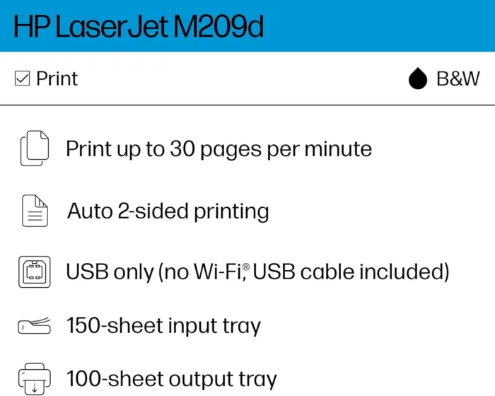 HP LaserJet M209d Laser Printer, Black and White, Automatic Duplex, USB Connection Only (Cable Included), Ideal in Home Office (8J9L0F) - Image 3