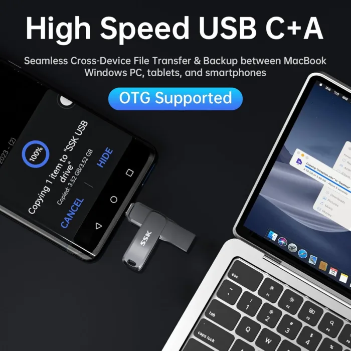 SSK USB 3.2 Flash Drive 64GB,Up to 200 MB/S Read Speed USB C Memory Stick,Dual USB C Thumb Drive with USB Type-C and USB A,Robust Black Metal Pen Drive for Smartphones,Tablets,Mac,Laptop,Car,TV - Image 3