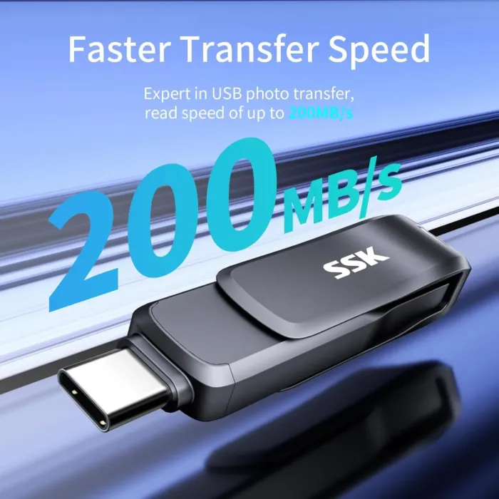 SSK USB 3.2 Flash Drive 64GB,Up to 200 MB/S Read Speed USB C Memory Stick,Dual USB C Thumb Drive with USB Type-C and USB A,Robust Black Metal Pen Drive for Smartphones,Tablets,Mac,Laptop,Car,TV - Image 4