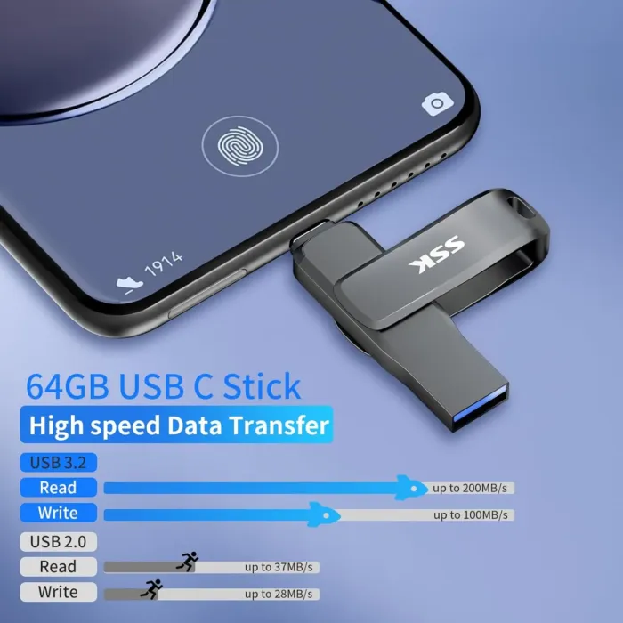 SSK USB 3.2 Flash Drive 64GB,Up to 200 MB/S Read Speed USB C Memory Stick,Dual USB C Thumb Drive with USB Type-C and USB A,Robust Black Metal Pen Drive for Smartphones,Tablets,Mac,Laptop,Car,TV - Image 5
