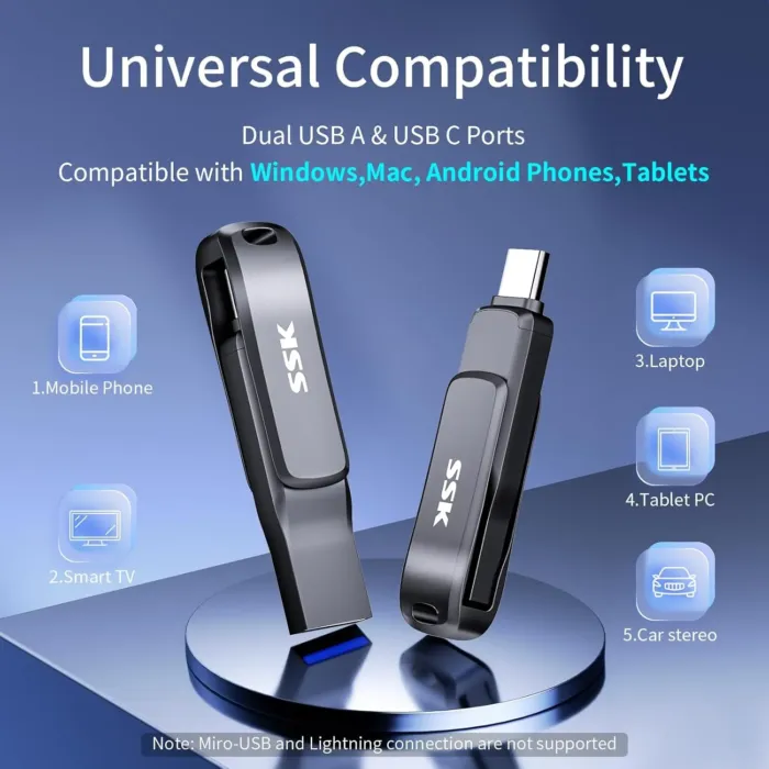SSK USB 3.2 Flash Drive 64GB,Up to 200 MB/S Read Speed USB C Memory Stick,Dual USB C Thumb Drive with USB Type-C and USB A,Robust Black Metal Pen Drive for Smartphones,Tablets,Mac,Laptop,Car,TV - Image 8