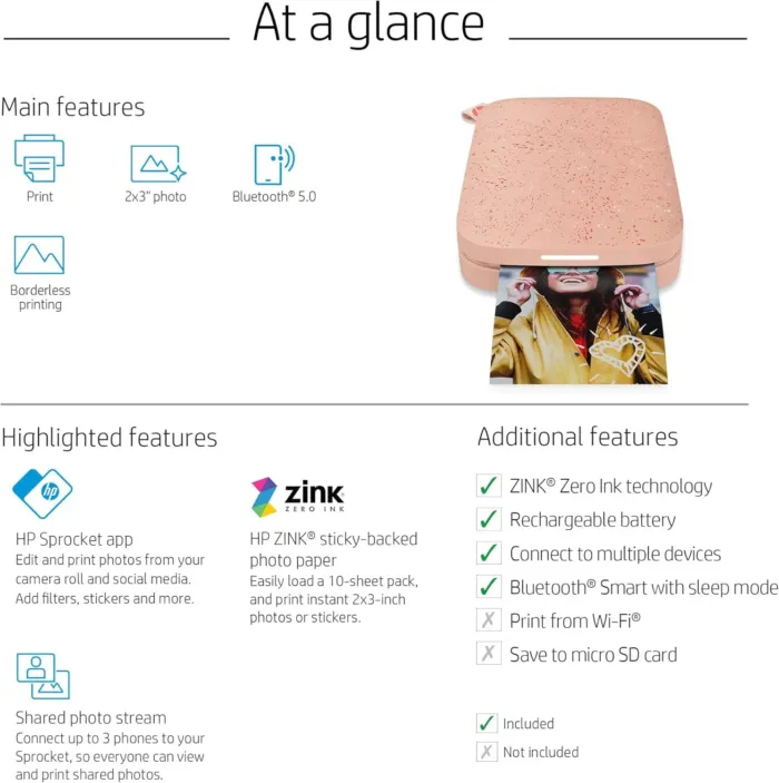 HP Sprocket 2x3" Instant Smartphone Photo Printer - Portable Color Wireless Mobile Printer - Zink Sticky-Back Photos - Print from Compatible iOS & Android Devices with Bluetooth w/Fun App - Pink - Image 8