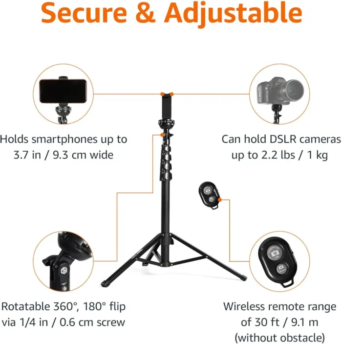 Amazon Basics 64-inch Extendable Tripod for iPhones and Smartphones, Selfie Stick Mode and Phone Tripod Mode, Black - Image 5
