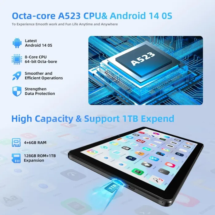 2024 New Tablet 10 inch Android 14 Tablets, 10(4+6)GB RAM+128GB ROM+1TB Expand, Octa-Core 2.0GHz, 1280 * 800 IPS Incell Display, 6000mAh, 5MP+8MP Camera, 5G+2.4G Wi-Fi/Bluetooth 5.4, Widevine L1 - Image 3