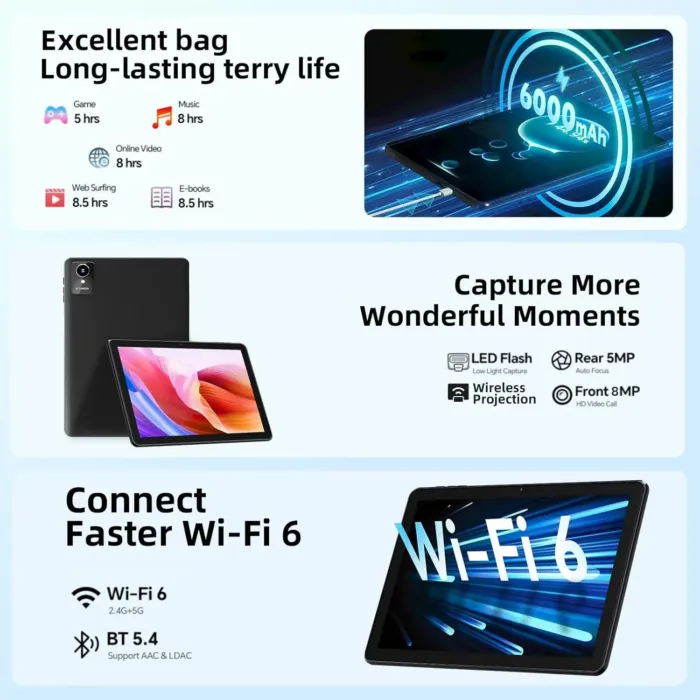 2024 New Tablet 10 inch Android 14 Tablets, 10(4+6)GB RAM+128GB ROM+1TB Expand, Octa-Core 2.0GHz, 1280 * 800 IPS Incell Display, 6000mAh, 5MP+8MP Camera, 5G+2.4G Wi-Fi/Bluetooth 5.4, Widevine L1 - Image 9