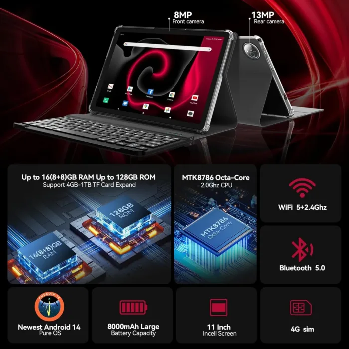 2025 Latest 11 inch Tablet, Android 14 Tablets with 16GB RAM 128GB ROM 1TB Expandable, Dual 4G Tablet with Keyboard, 8000mAh Battery, Octa-Core Tableta with 21 MP Camera, 11" Incell HD Tablets - Image 3