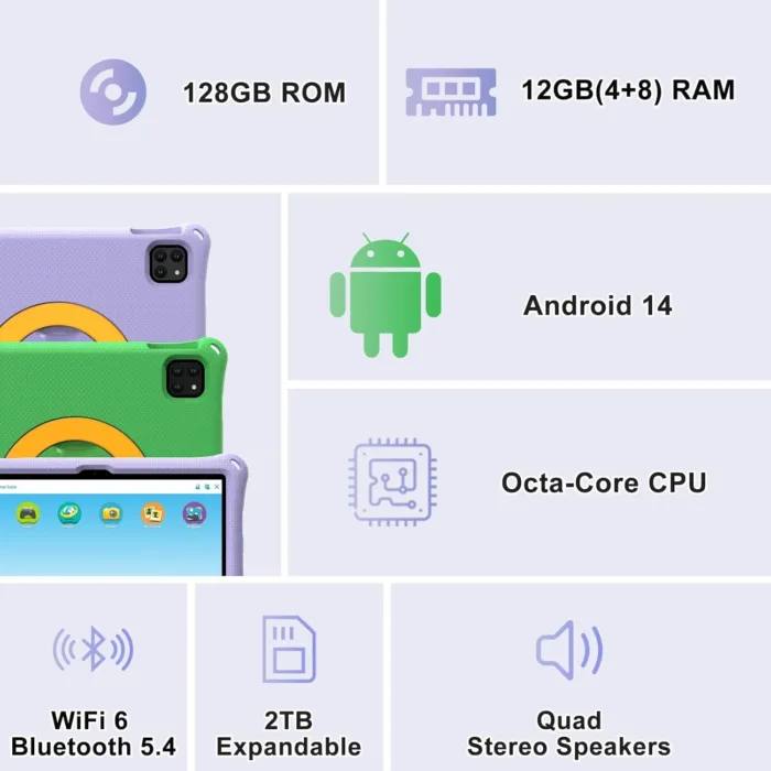 Kids Tablet 11 Inch Android 14, Toddler Tablet 12GB+128GB 2TB Expandable, Octa-Core, 8000mAh, with Drop-Proof Case, Parental Control, WiFi 6, GMS Certified, Bluetooth 5.4, Purple - Image 4
