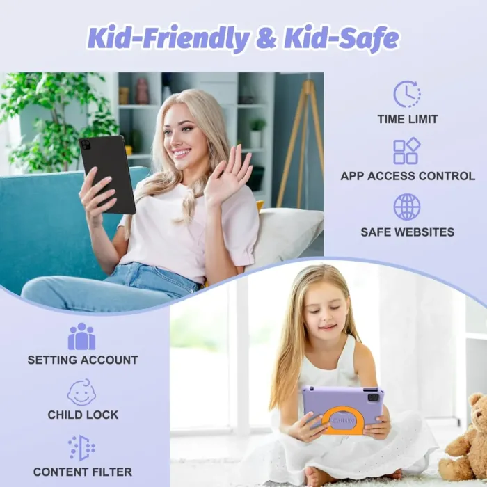 Kids Tablet 11 Inch Android 14, Toddler Tablet 12GB+128GB 2TB Expandable, Octa-Core, 8000mAh, with Drop-Proof Case, Parental Control, WiFi 6, GMS Certified, Bluetooth 5.4, Purple - Image 6