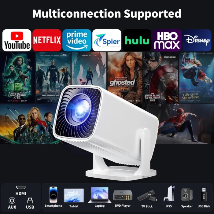 Mini Projector, Portable Projector 4K Support, Full HD 1080P Outdoor Projector, 270° Rotation Movie Projector, Max 200" Screen, Compatible with Smartphone, TV Stick, Laptop, PS4, HDMI, USB - Image 8