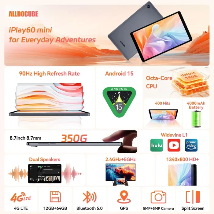 ALLDOCUBE Android 15 Tablet, 8.7" iPlay 60 Mini Tab, 90Hz Reflex, 400Nits, Octa-Core CPU, Widewine L1, Dual Speakers, 4000mAh, 4G LTE+2.4G/5G WiFi+BT 5.0, GPS, 800×1340HD, 12GB+64GB(512GB TF) - Image 3