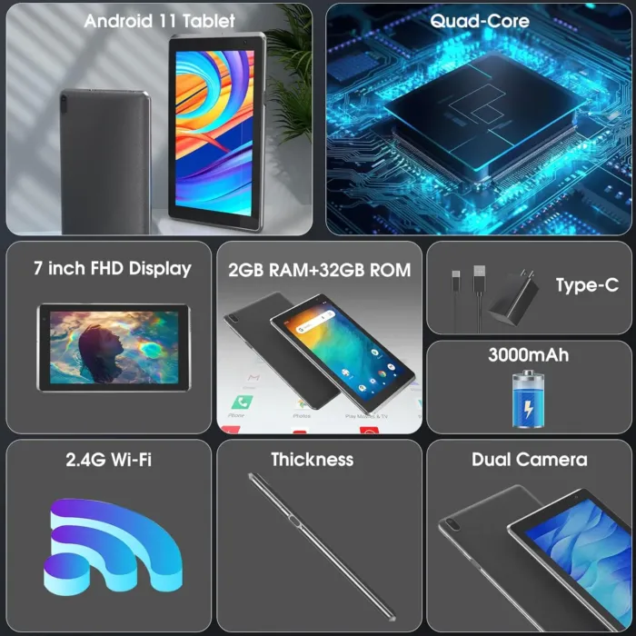 7 inch Tablet, Android 11 Tablet with, 2GB+32GB+1TB (Expand), Quad-Core, BT, Wi-Fi, Educational, Music, Dual Camera - Image 3
