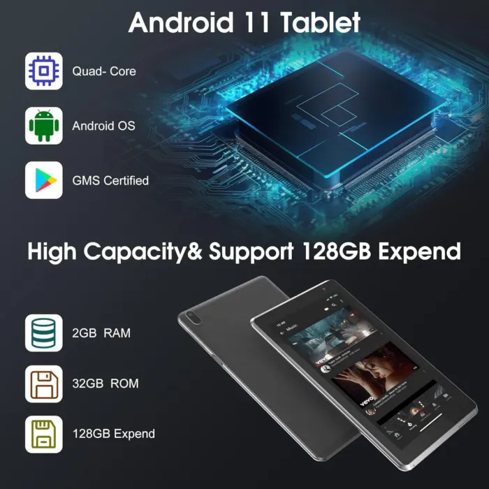 7 inch Tablet, Android 11 Tablet with, 2GB+32GB+1TB (Expand), Quad-Core, BT, Wi-Fi, Educational, Music, Dual Camera - Image 4
