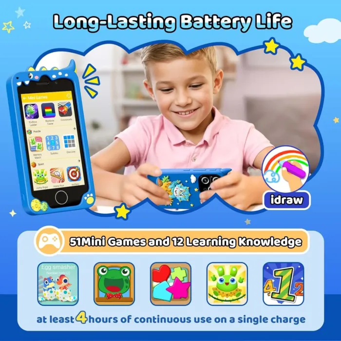 Kids Smart Phone for Boys, 4.0" Touchscreen Learning Music Puzzle-Games Toddler Phone for Kids Ages 3-9, Dual Camera，Built-in 8G SD Card Kids Phone Toy, Gifts for Kids Cell Phone Toy, Navy - Image 7