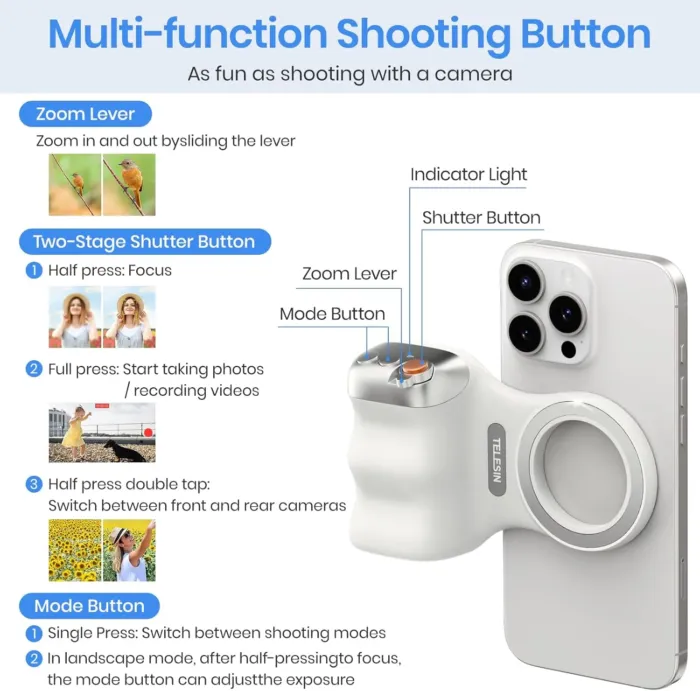 Magnetic Phone Camera Grip, Smartphone Shooting Holder Selfie Handle Snap with Wireless Shutter Button Remote for iPhone 16 15 14 13 12 Pro Max Android Cellphone Vlog Video Photography - Image 7
