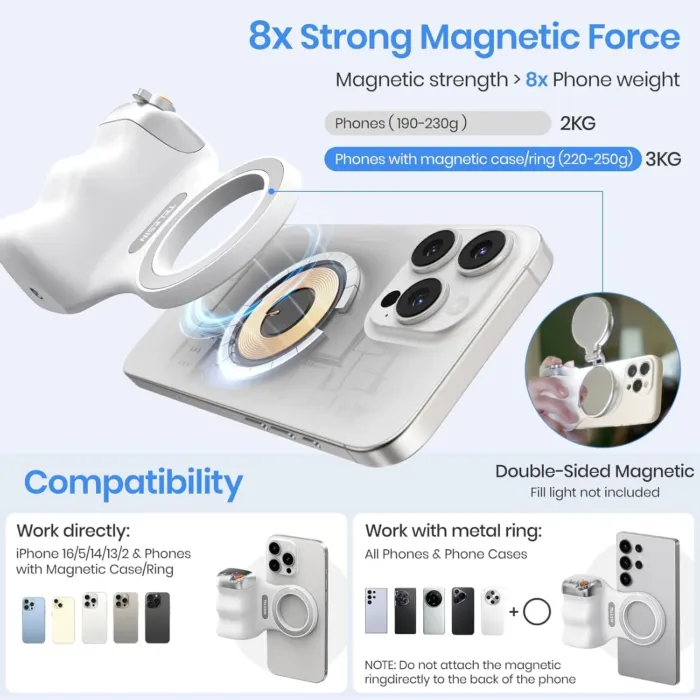 Magnetic Phone Camera Grip, Smartphone Shooting Holder Selfie Handle Snap with Wireless Shutter Button Remote for iPhone 16 15 14 13 12 Pro Max Android Cellphone Vlog Video Photography - Image 8