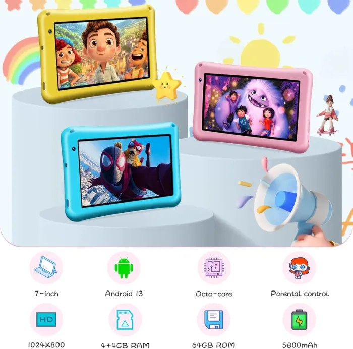 Kids Tablet 7 inch, Android 13, 8GB+64GB, Octa-Core Tablets, 5800mAh, Pre-Installed Kids Software, Parental Controls, with Drop Protection Case, WiFi Tablet, Dual Cameras (Pink) - Image 3