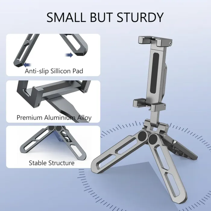 Phone Tripod Stand Foldable, PT-05 Pocket Cell Phone Tripod Mount Handle Smartphone Desk Stand Travel All in One Vlog Video Aluminium 2 Cold Shoe Small Size Lightweight Portable Stick - Image 3