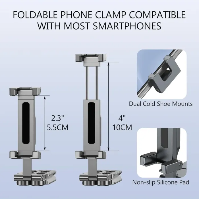 Phone Tripod Stand Foldable, PT-05 Pocket Cell Phone Tripod Mount Handle Smartphone Desk Stand Travel All in One Vlog Video Aluminium 2 Cold Shoe Small Size Lightweight Portable Stick - Image 4